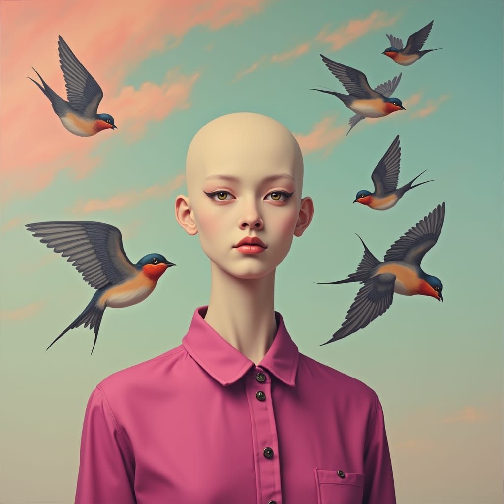 Dreamlike Surrealism: Disembodied Head Amidst Pastel Skies a...
