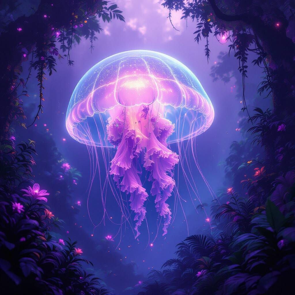 Bioluminescent Jellyfish in Alien Jungle