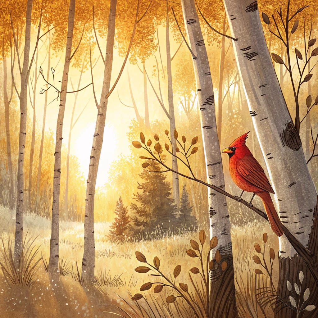 Cardinal in Birch Forest: Whimsical Naturalism
