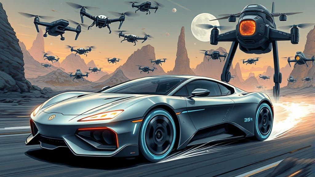 AI Car in Futuristic City, Comic Book Art