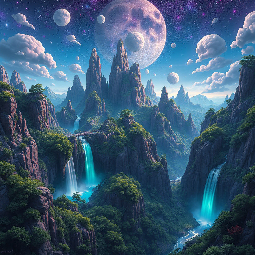Surreal Landscape with Iridescent Waterfalls, Matte Painting