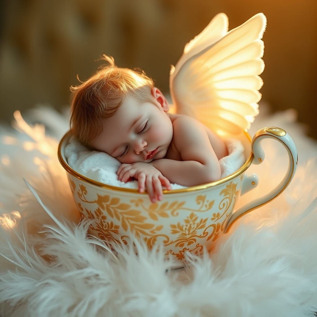 Sleeping Angel in Teacup: Photorealistic Dreamscape