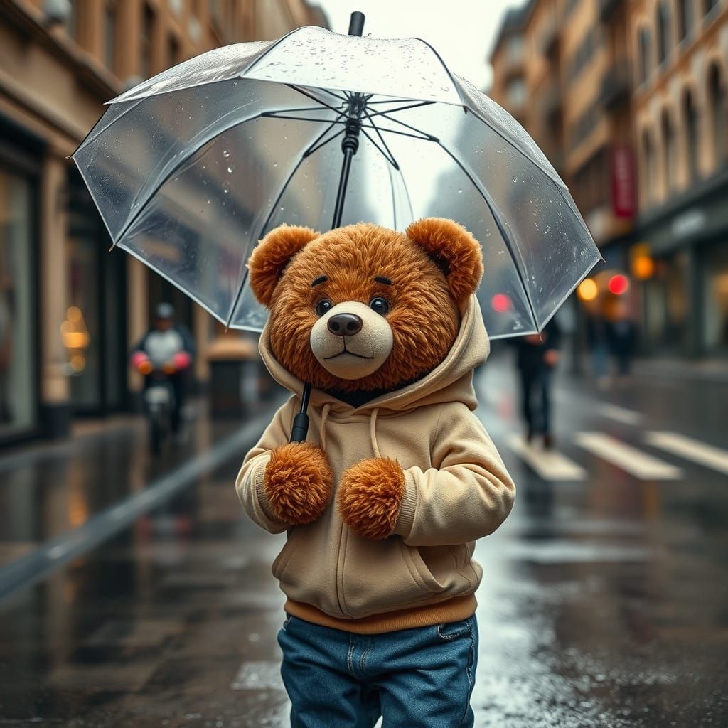 Teddy Bear Walks in Rainy City Street