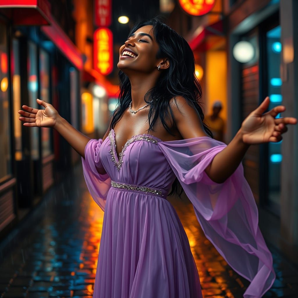 Joyful Sri Lankan Woman Embracing Rainstorm