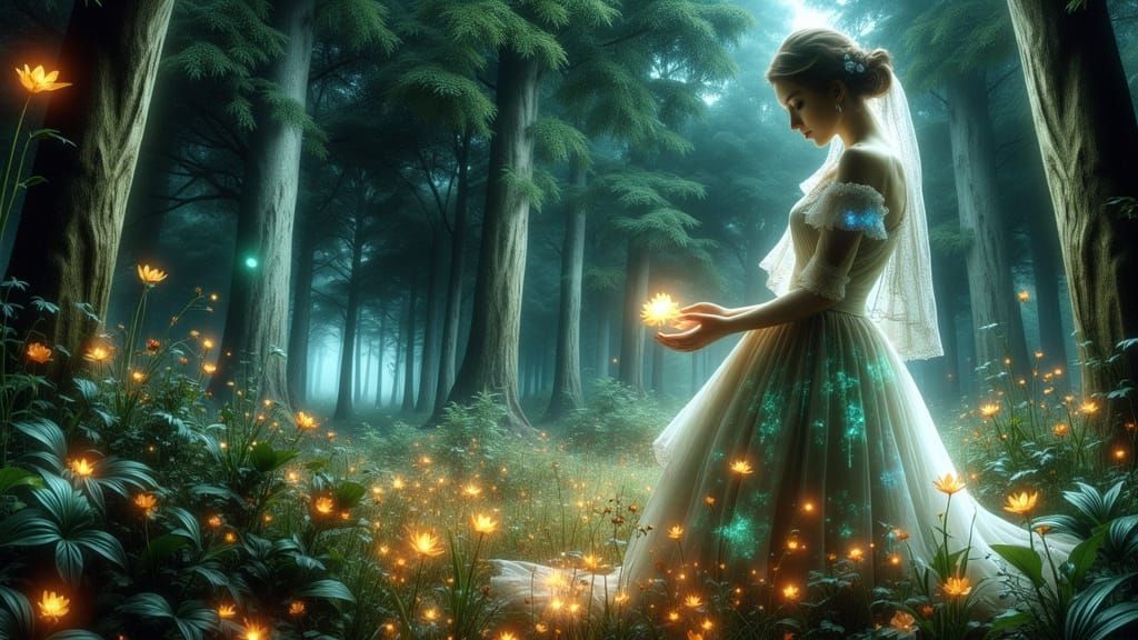 Dreamlike Botanist in a Moonlit Garden