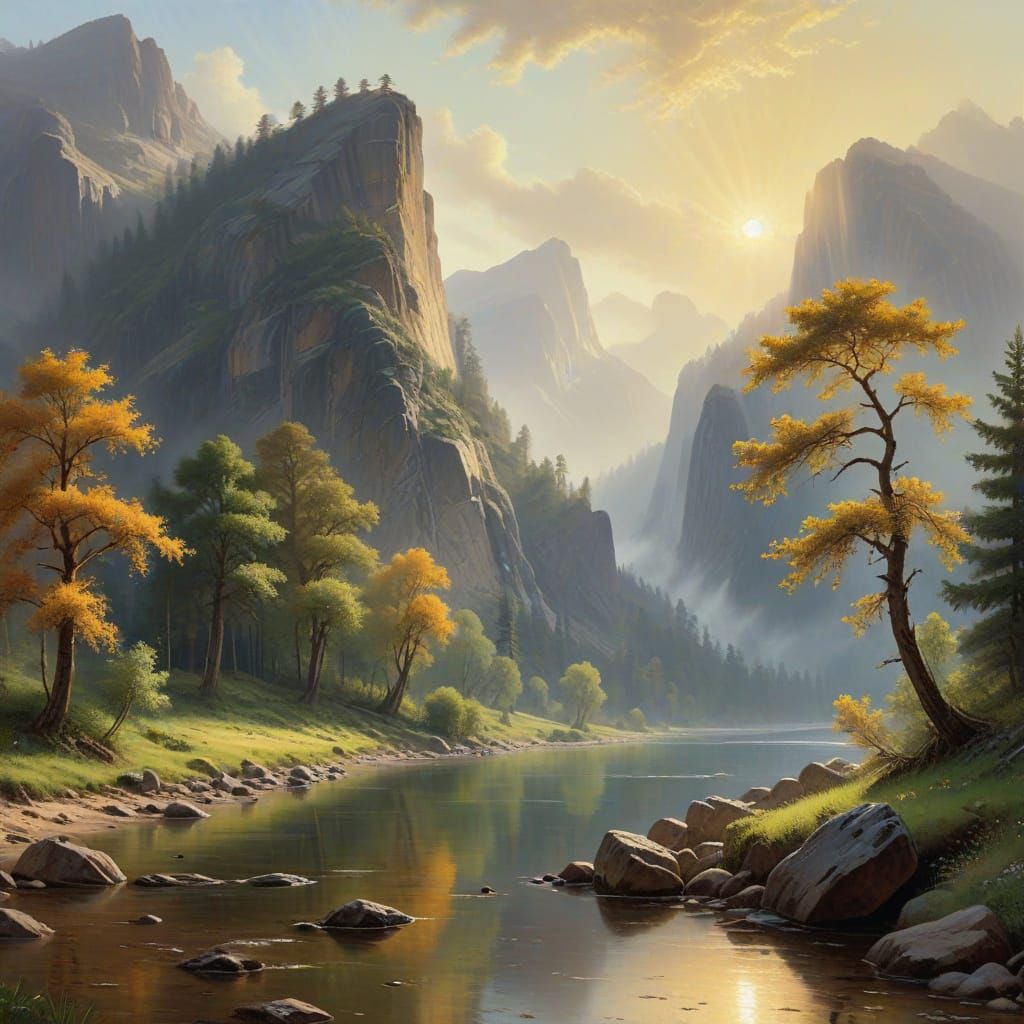 Luminous Mountain Landscape with Warm Golden Light