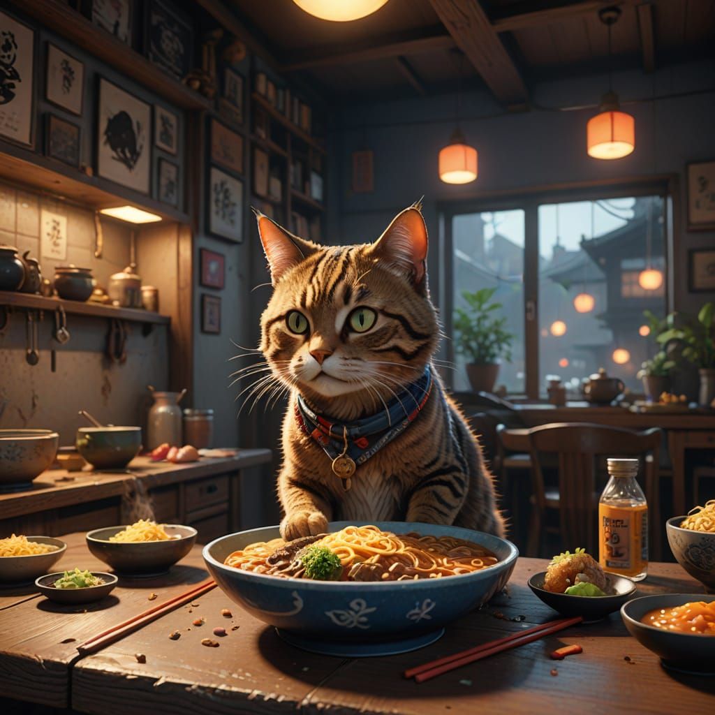 Vibrant Anime Ramen Scene with Curious Cat