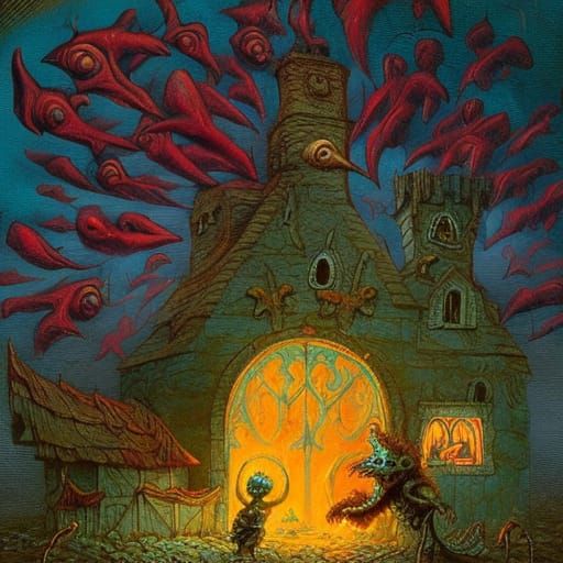 Vibrant Wacky Shack in Dark Fantasy Style