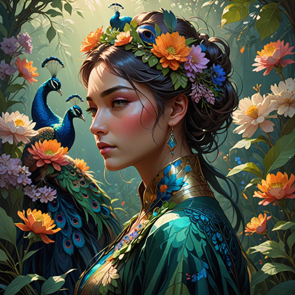 Vibrant Peacock Portrait in Lush Garden with Swirling Patter...