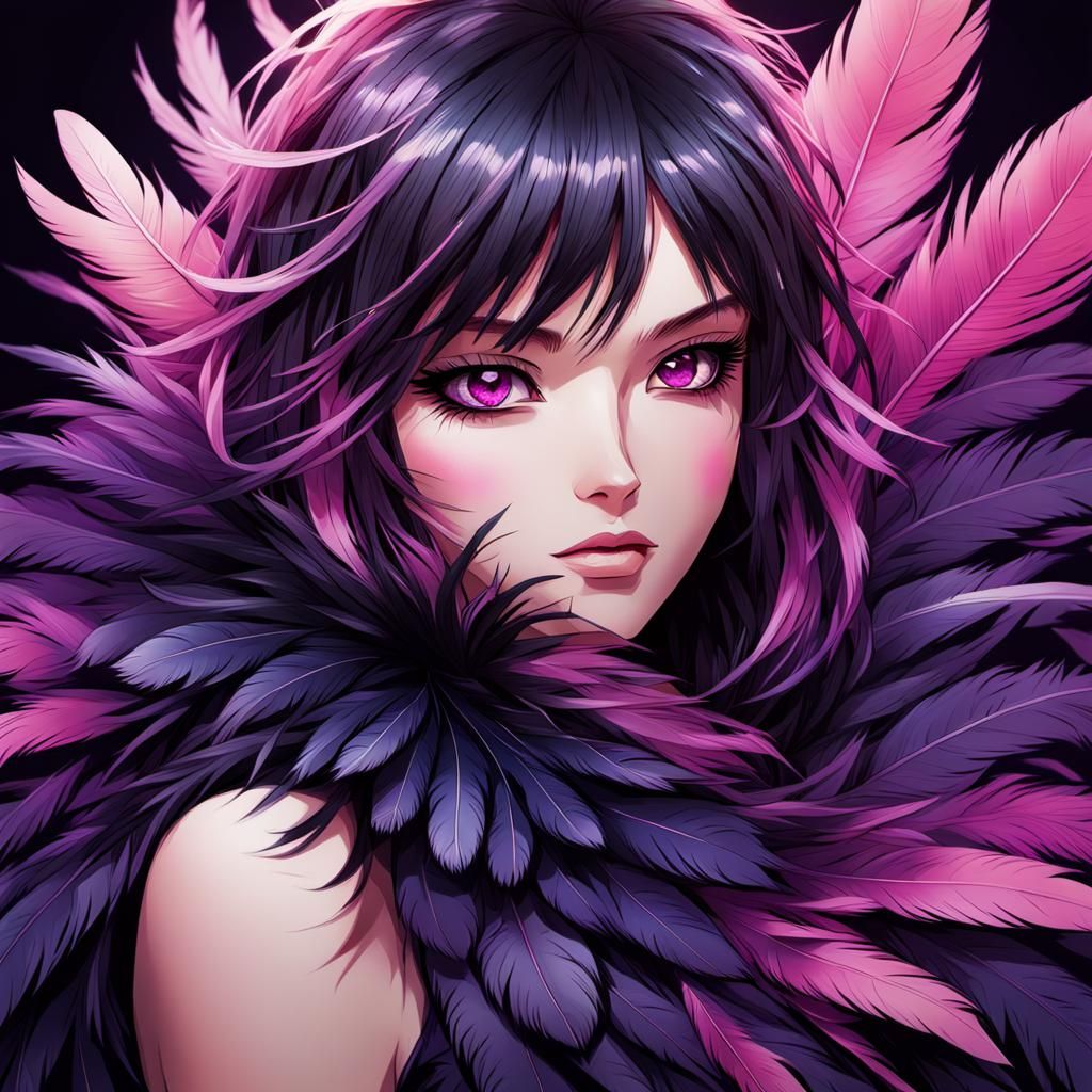Anime Girl in Feathers with Purple Eyes