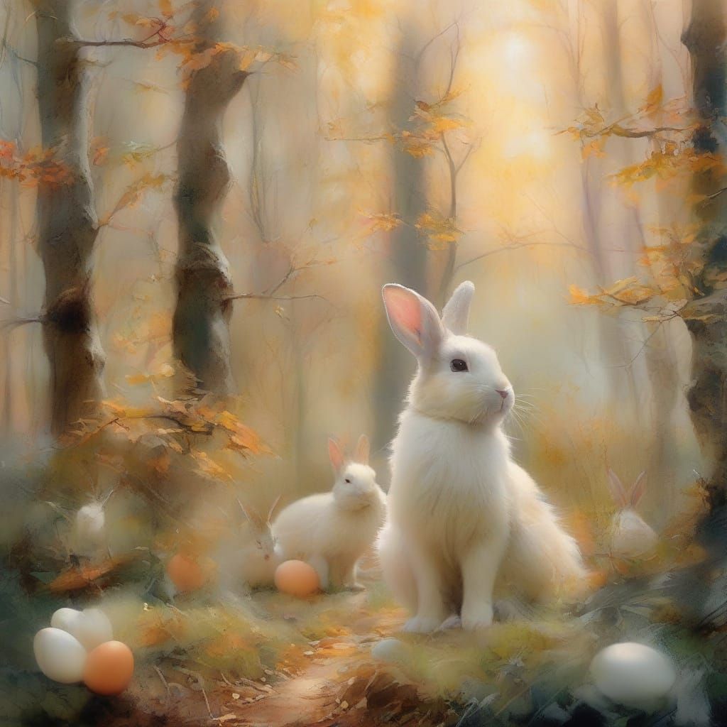 Surreal Whimsy in Watercolour: Eggs and Bunnies Dance in a F...