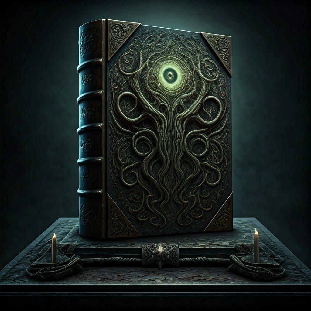 Eerie Necronomicon Book in Cosmic Horror Style