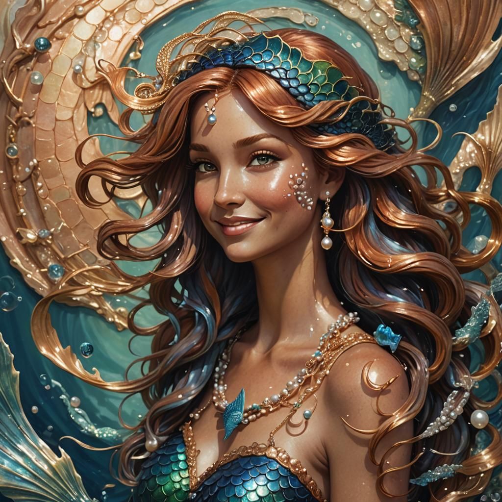 Smiling Aged Mermaid with Metallic Fishtail in 3D