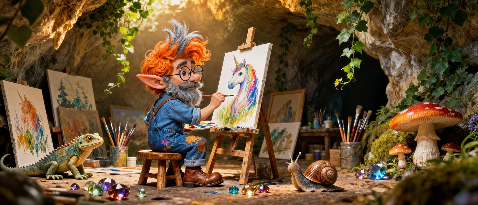 Gnome Artist Painting Unicorn in Cozy Cave Studio