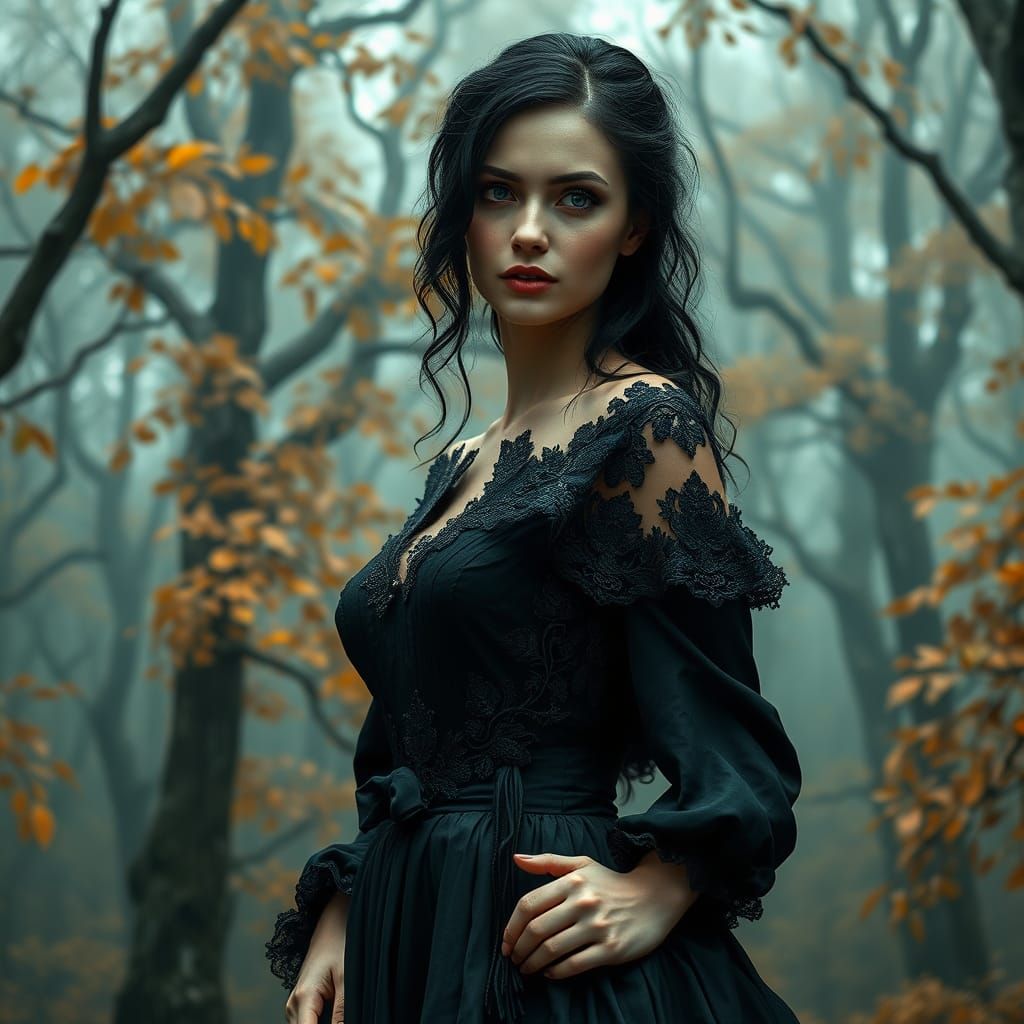 Ethereal French Gothic Woman in Autumn