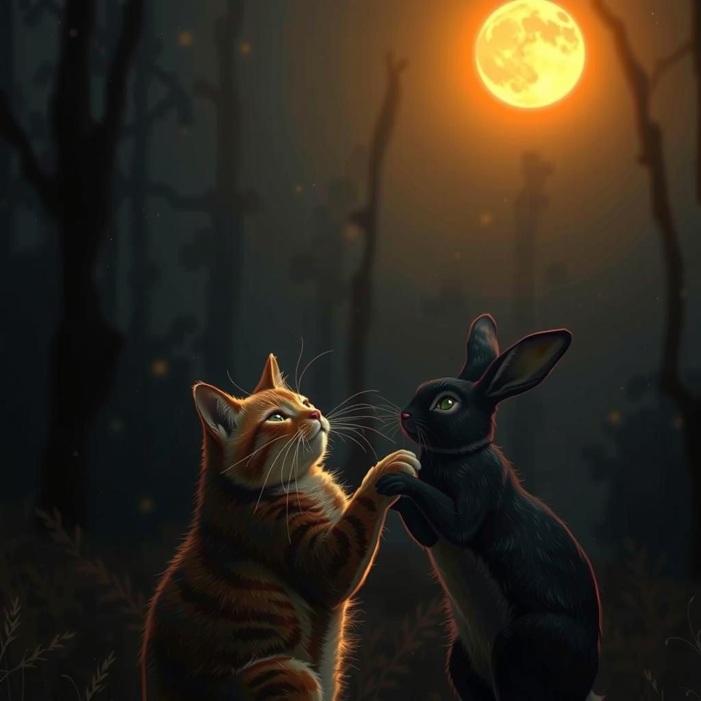 Energetic Cat and Rabbit Under Moonlight, Anime Style