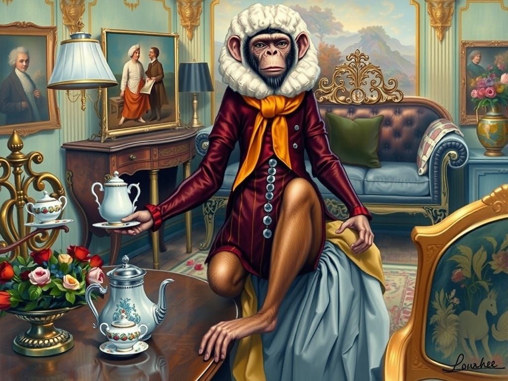 Anthropomorphic Monkey Sipping Tea in Baroque Room