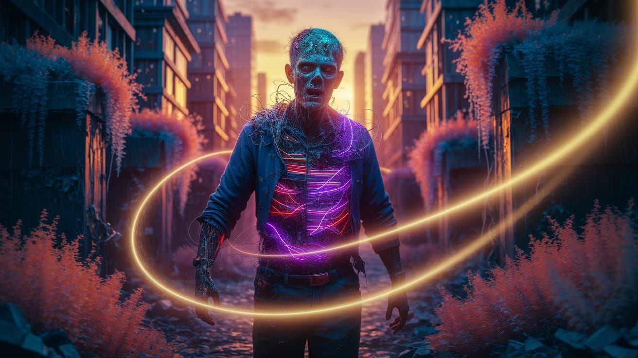 Zombie Apocalypse Neon 3D Art with Bioluminescent Flora