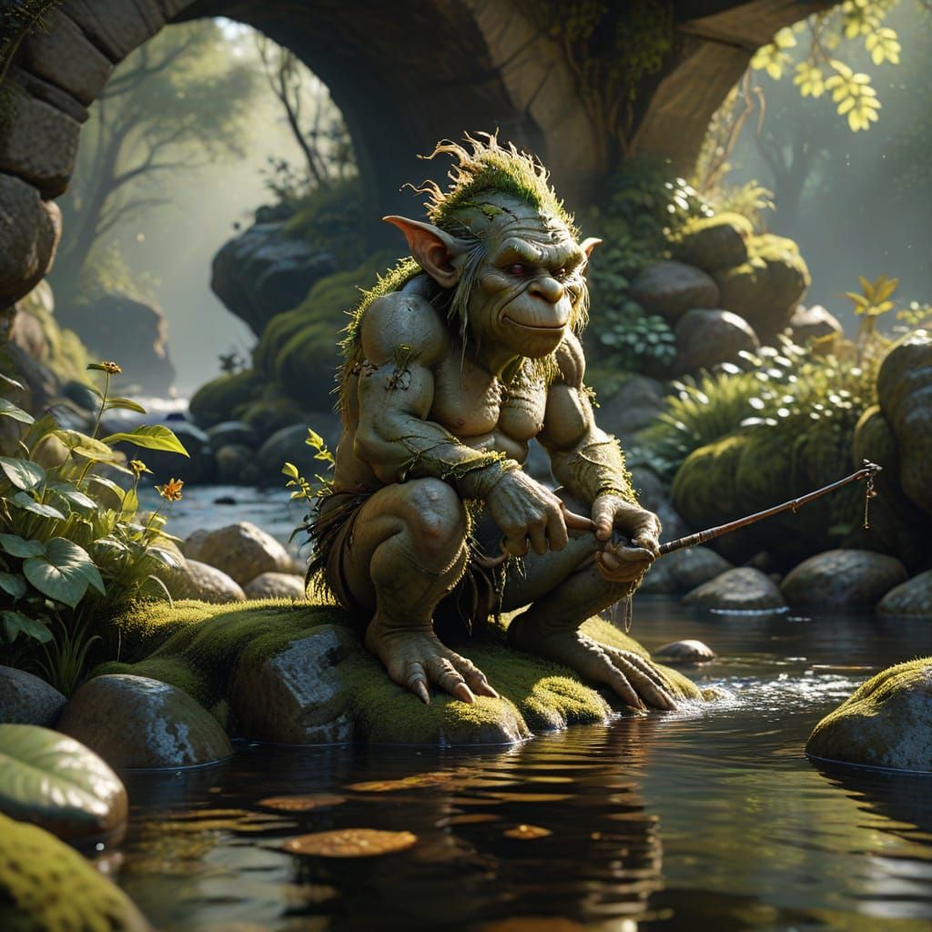 Moss Troll Fishing Under Bridge: Digital Art