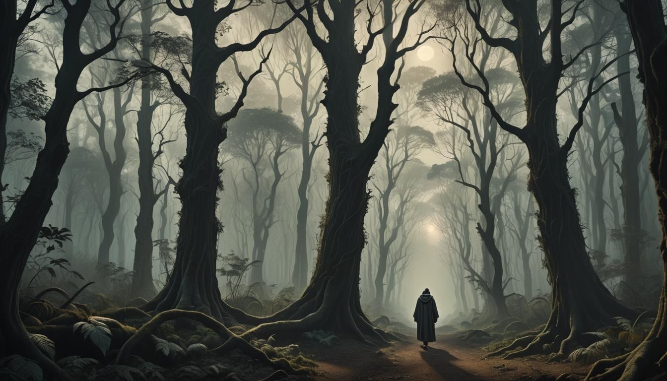 Hooded Figure in Dark Forest with Ethereal Light