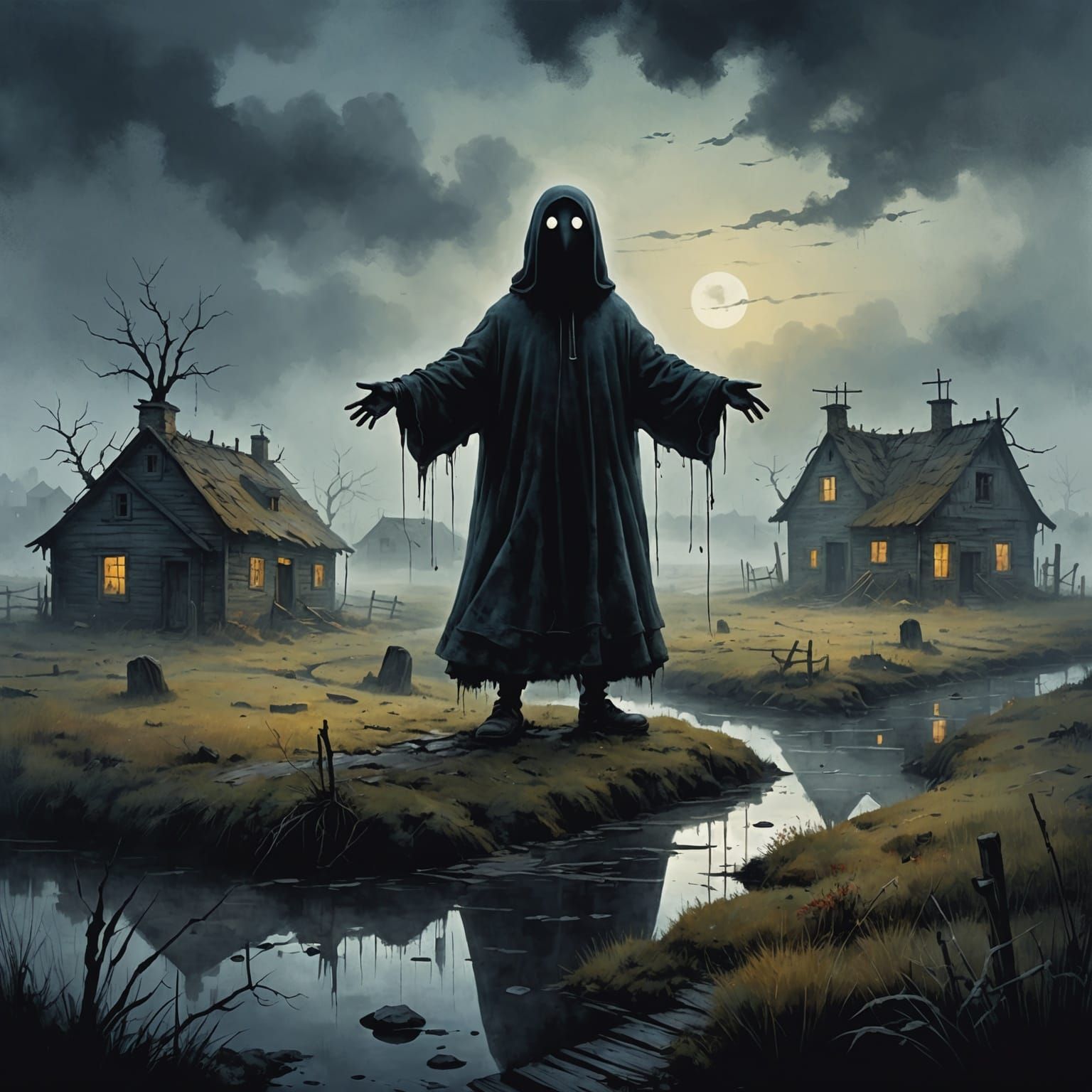 Cartoon Ghost in Rural Village, Miró Style