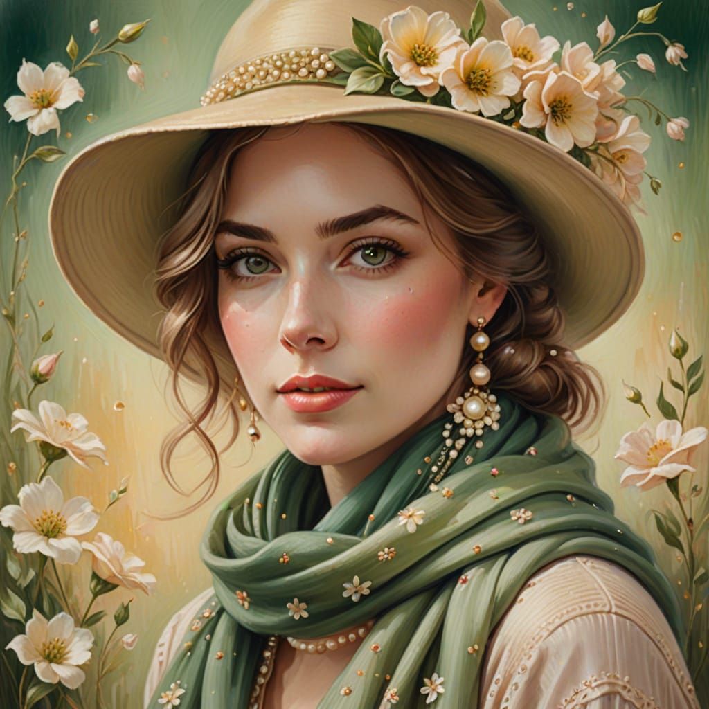 Elegant Woman with Pearls in Oil Painting Style