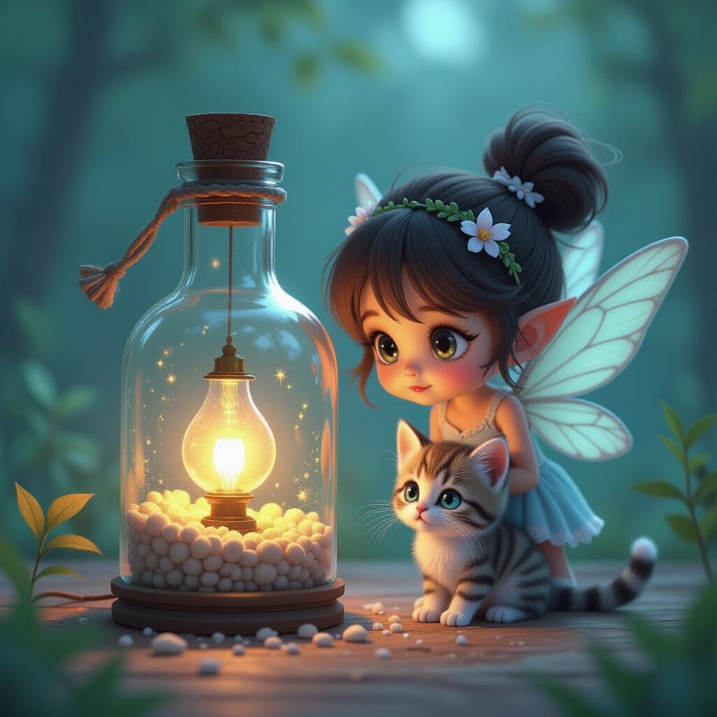 Chibi Fairy Girl with Lamp in Bottle, Glitchcore Art