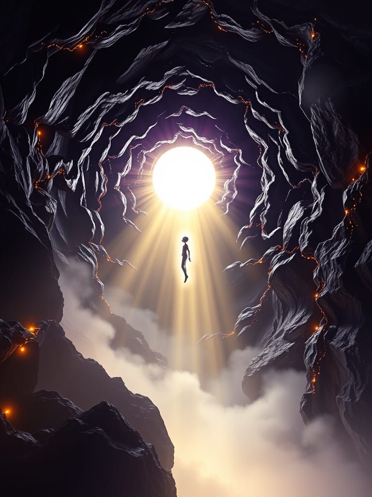 Glowing Figure Descends into Fractal Cavern