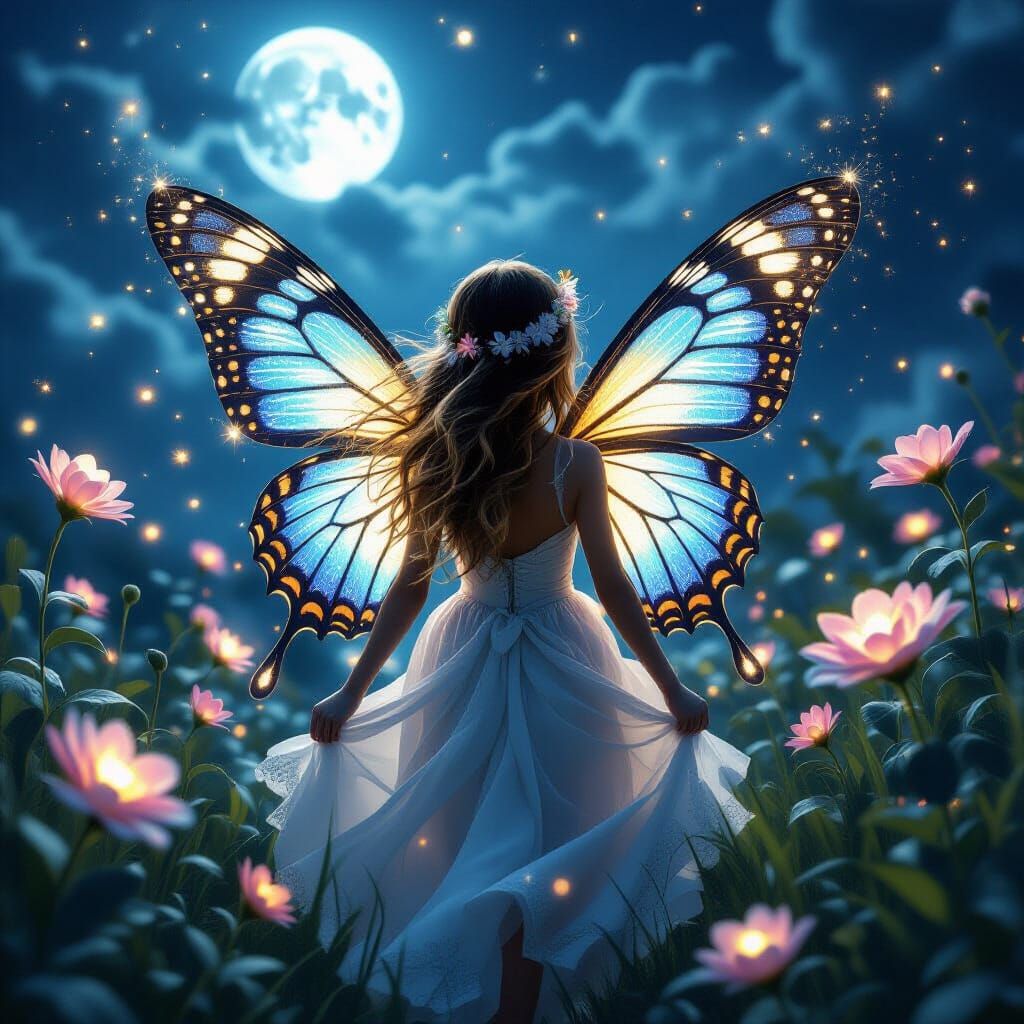 Magical Fairy Girl in Moonlight Digital Painting
