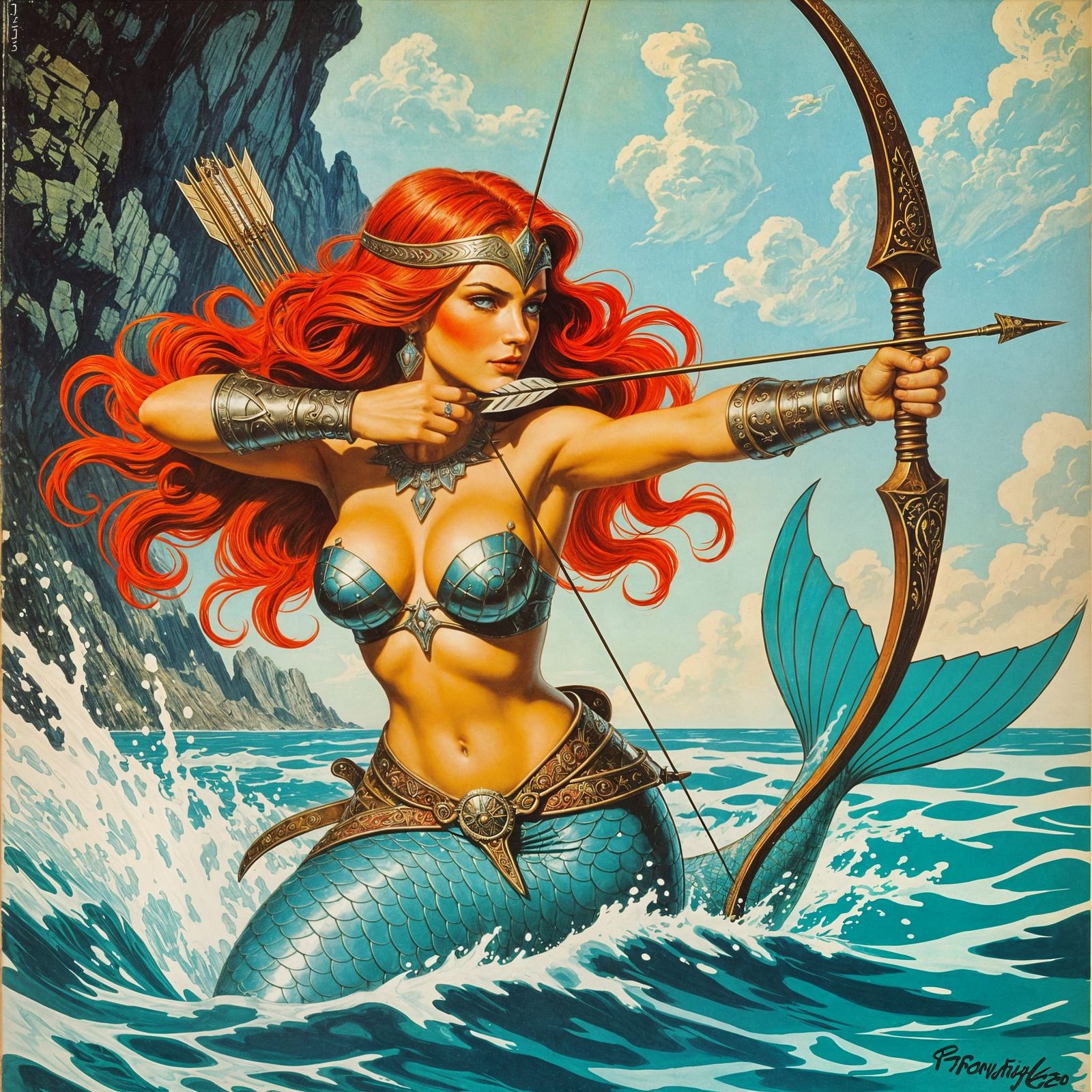 Redhead Mermaid Archer: 1970s Pulp Fantasy Illustration