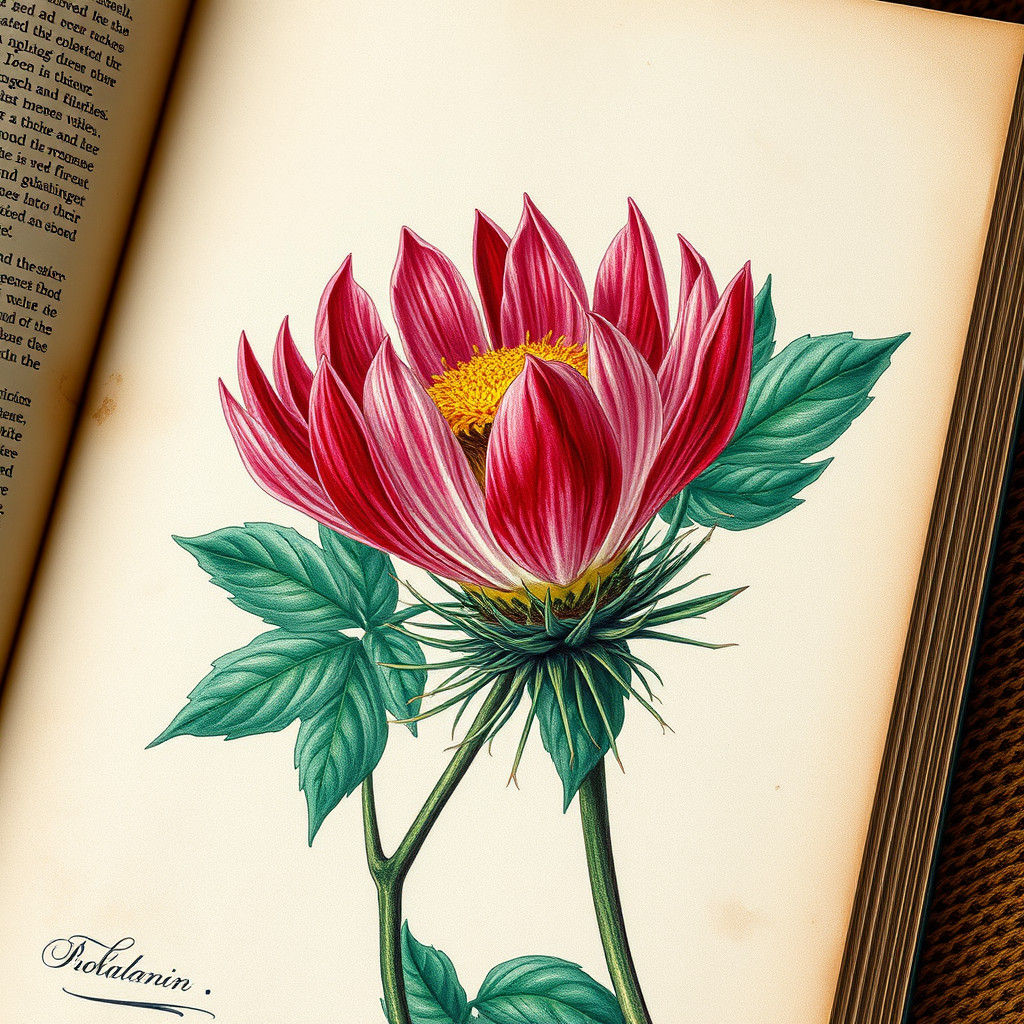 Mimosa Flower Macro Illustration on Vintage Almanac