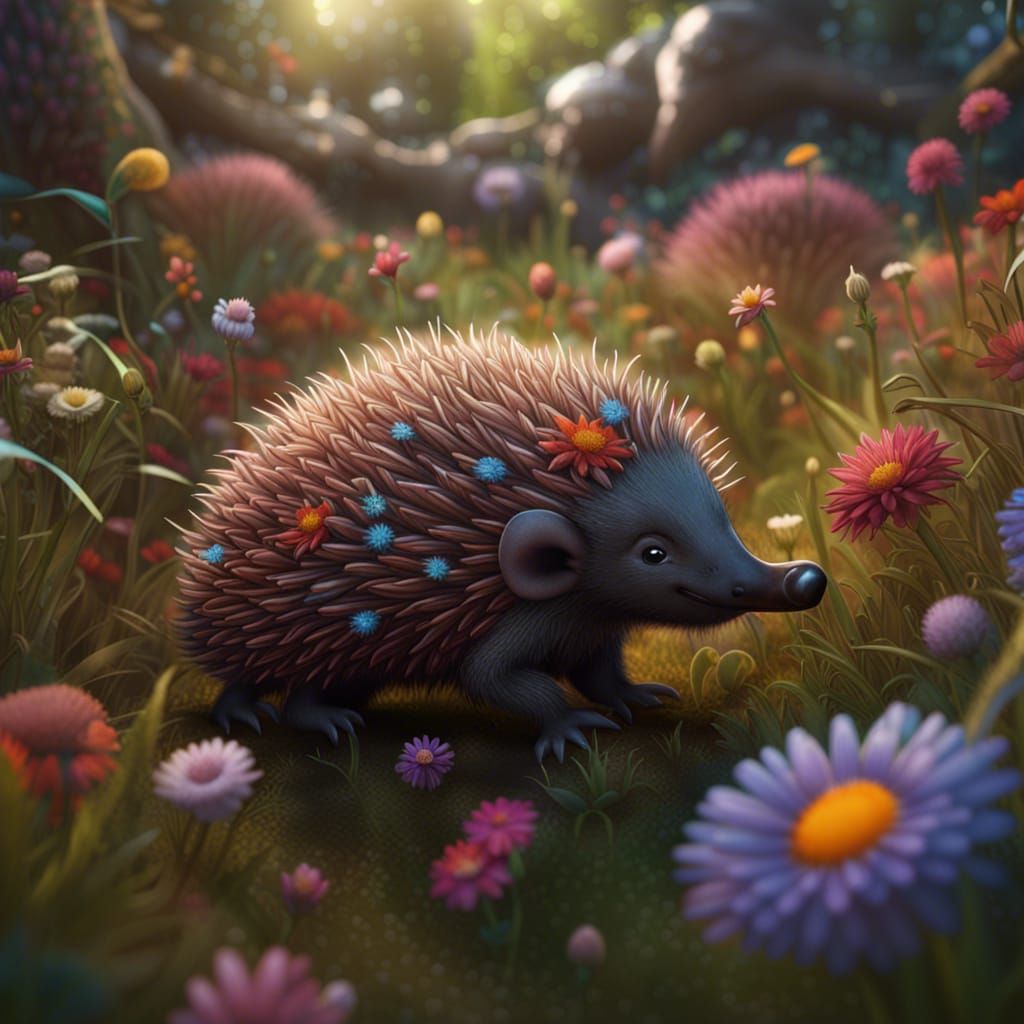 Echidna Strolls Through a Fantastical Flower Field