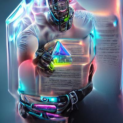 Cyborg Holding Cryogenic Tesseract: Neon Holographic Art