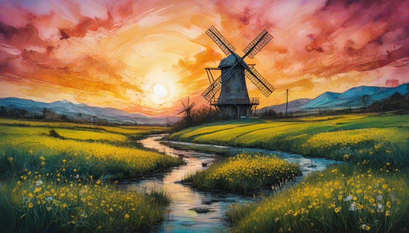 Vibrant Spring Landscape in Golden Ratio, Windmill, and Enca...