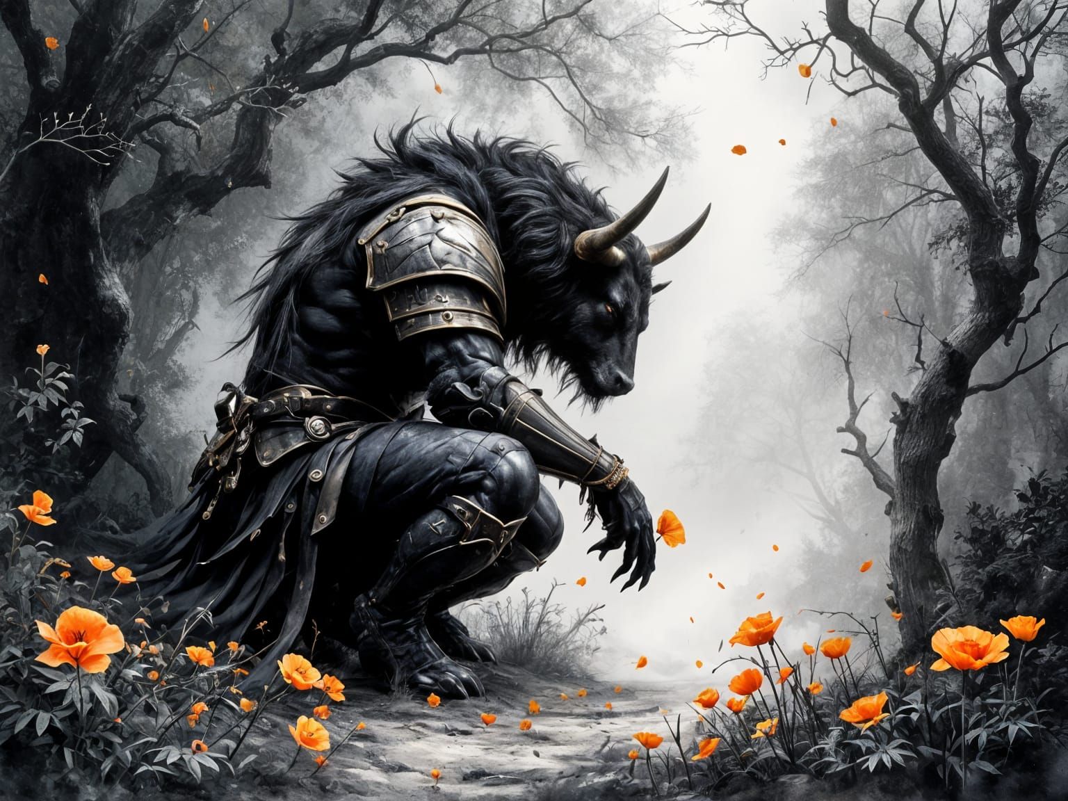 Armored Bull Warrior in Grayscale Ink Art