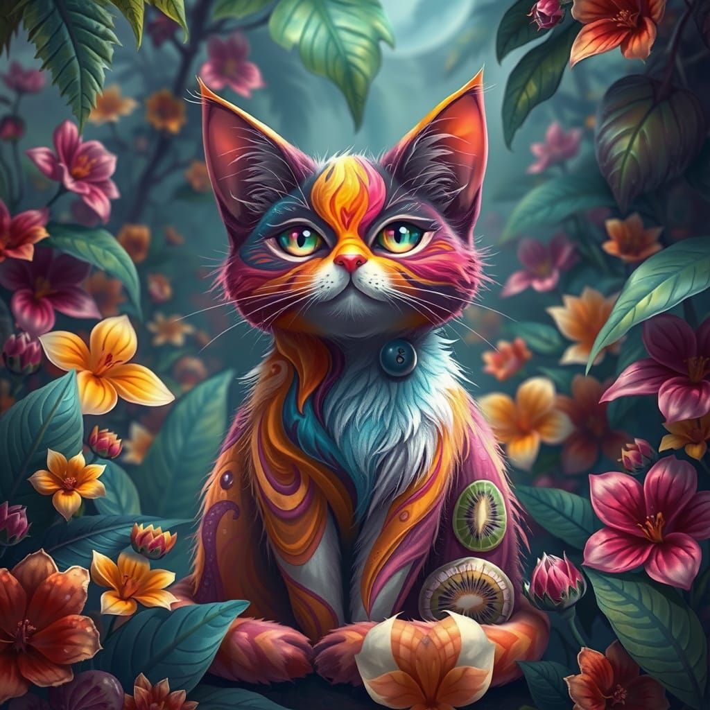 Futuristic Cat in Vibrant Fruit Landscape