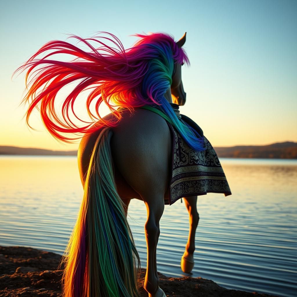 Majestic Horse with Flowing Mane by Lake