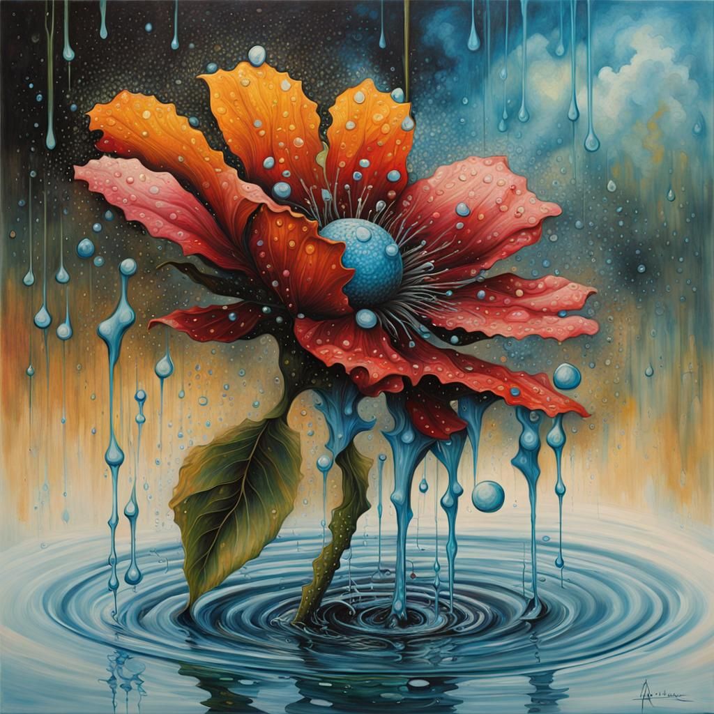 Colorful Flower Portrait with Water Drop in Impasto Style