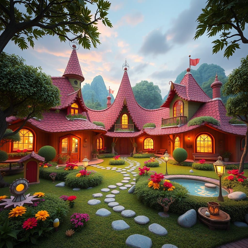 Whimsical Children's Center in a Dreamlike Landscape