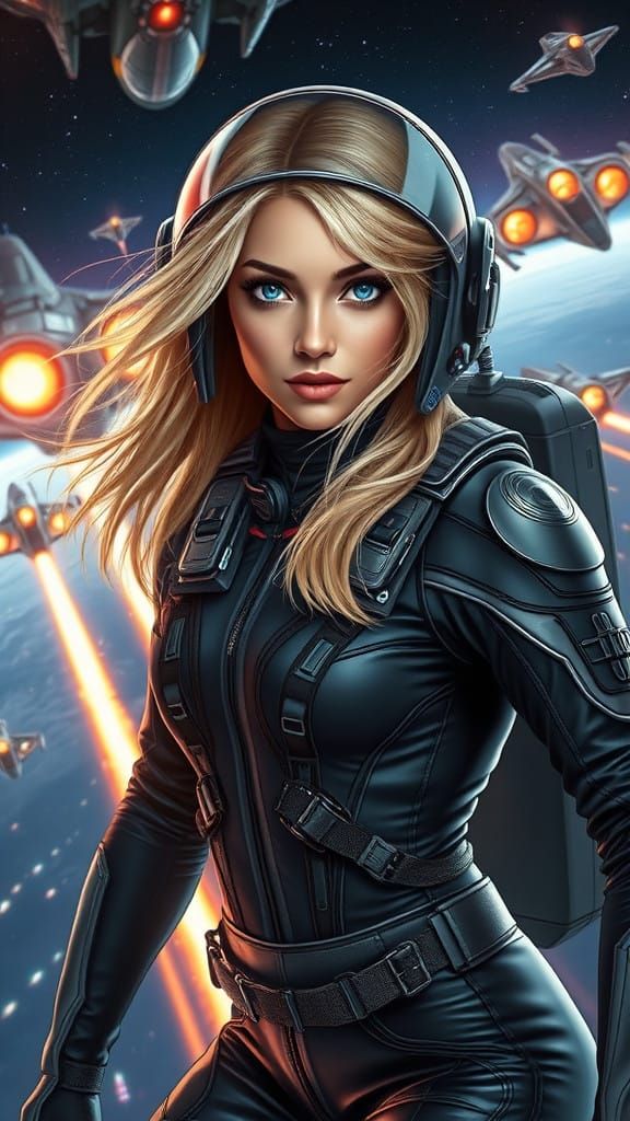 Cyberpunk Space Fighter Pilot in Epic Space Battle