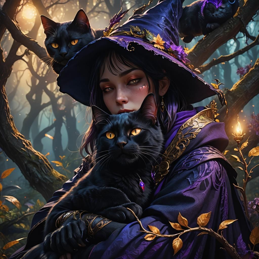 Black Cat Sleeps on Witch Shoulder in Forest