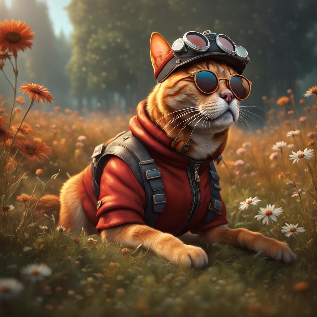 Cat Pilot Riding Dog: Fantasy Art
