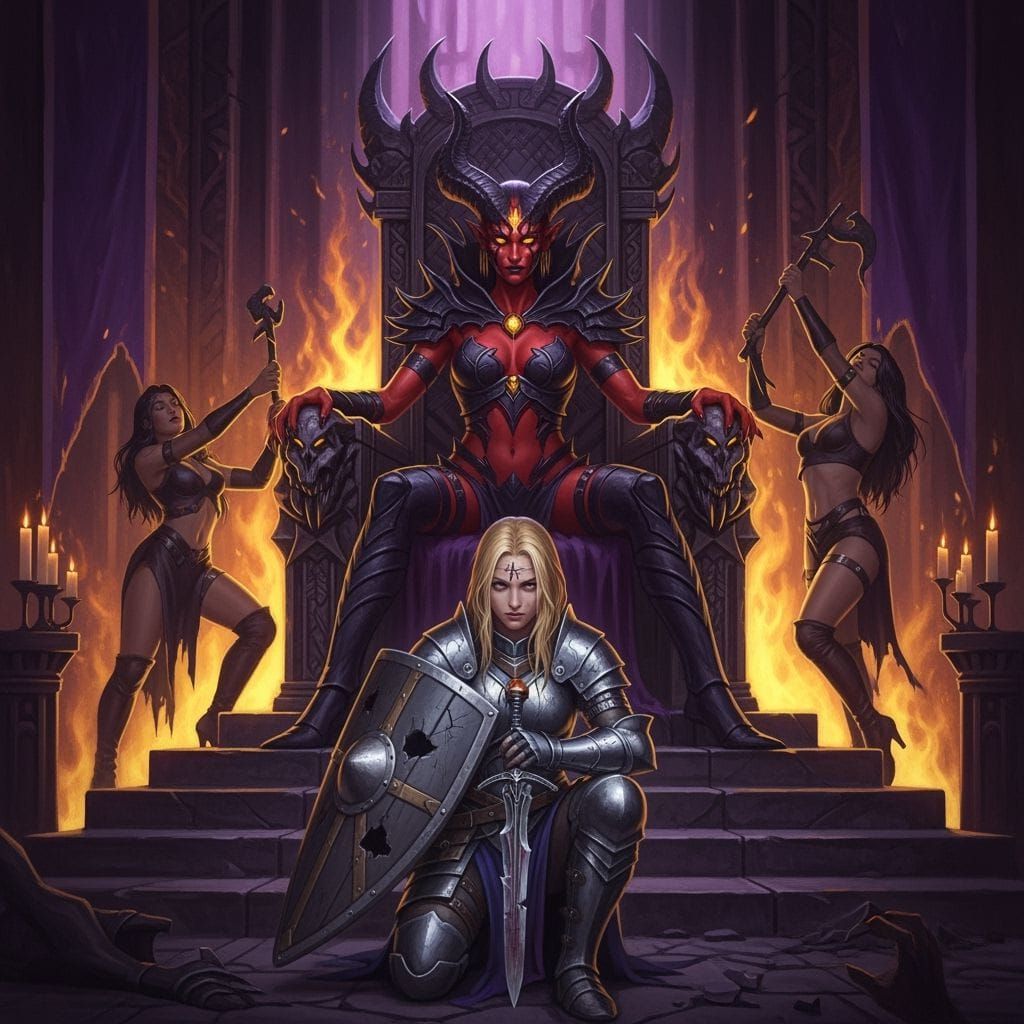 Demon Queen's Throne: Fallen Paladin in Dark Fantasy Art