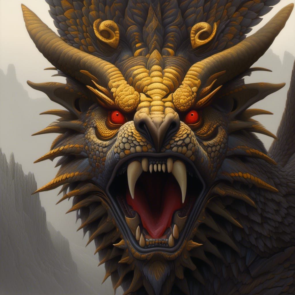 Majestic Chimera on Mountain, Detailed Pencil Sketch