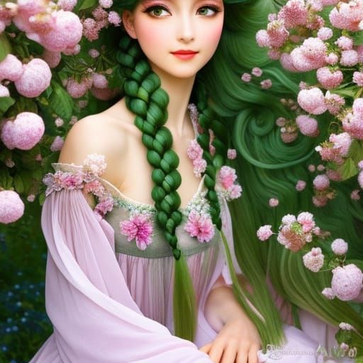 Dryad in Apple Orchard, Art Nouveau Style