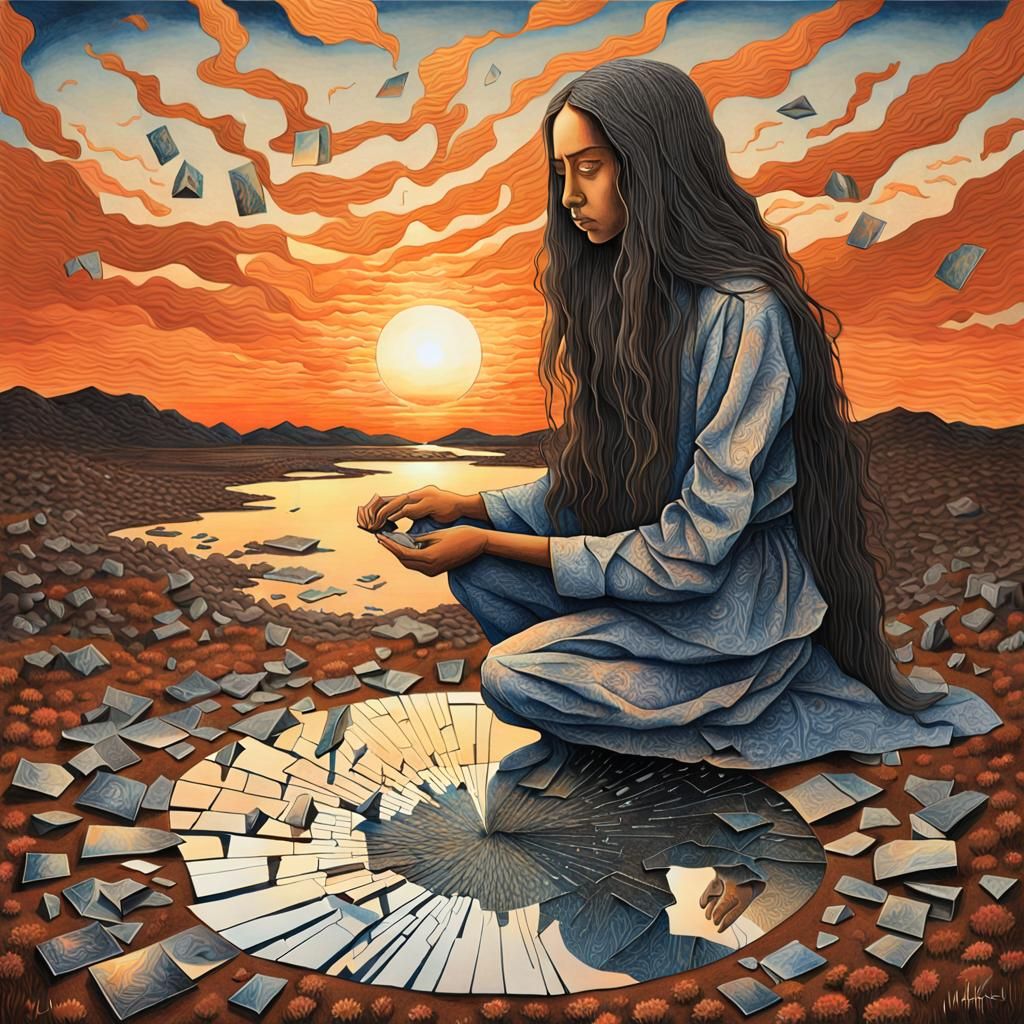 Surreal Drawing of Woman with Cracked Mirrors