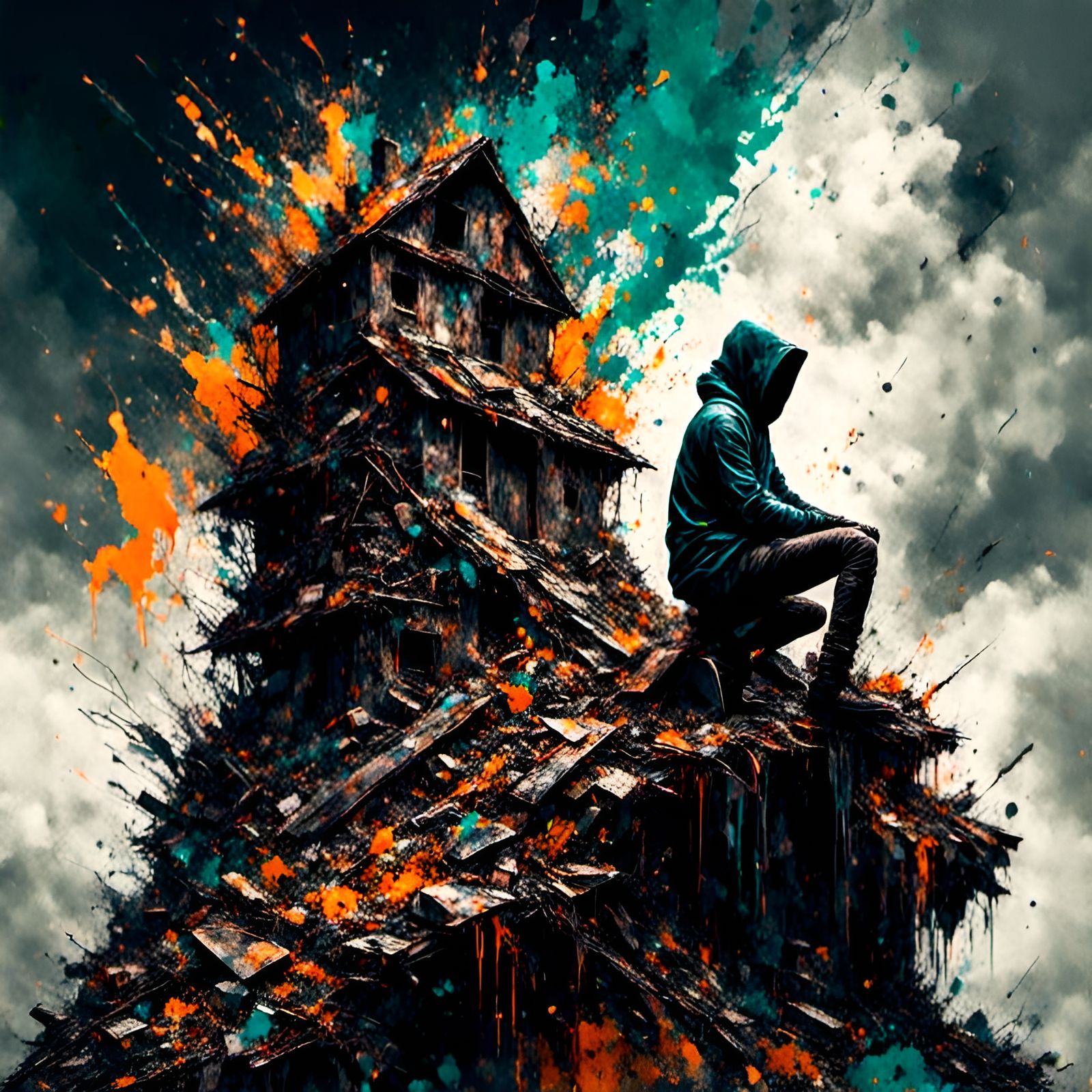 Apocalyptic Rooftop View with Man in Hoodie