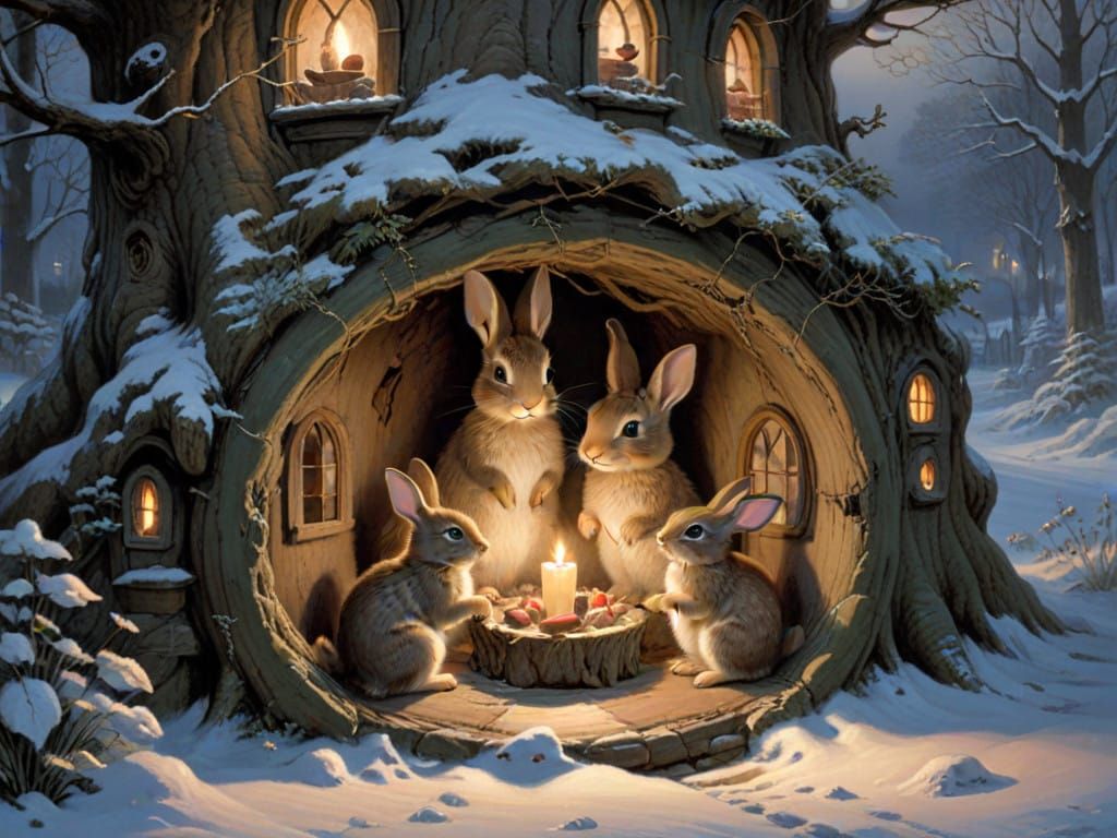 Cozy Rabbits in Candlelit Home on Snowy Forest Night