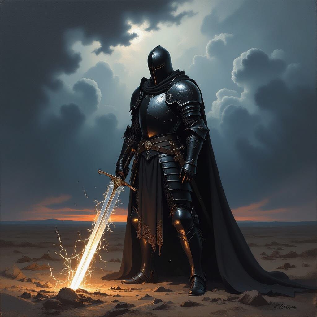 Knight with Dark Energy Sword on Stormy Plain