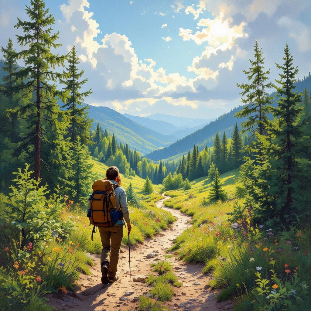 Hiker in Forest Landscape Art